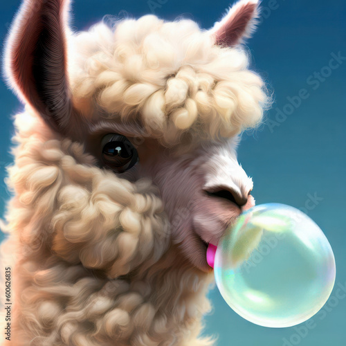 Fluffy adorable llama chewing and blowing a bubblegum bubble, generative ai