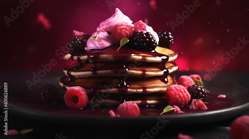 A beautiful stack of pancakes, covered in syrup and berries.

- created with generative a.i. - 