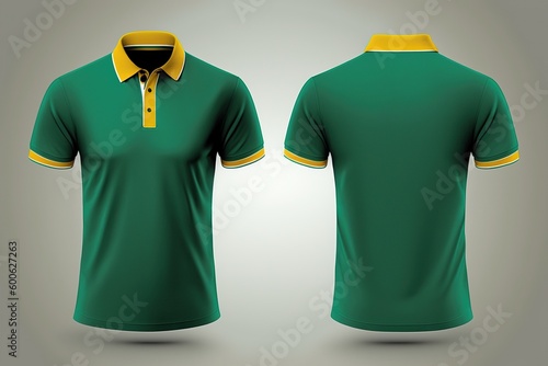 Polo t-shirt front and back mockup, green and yellow contrast, 3d render