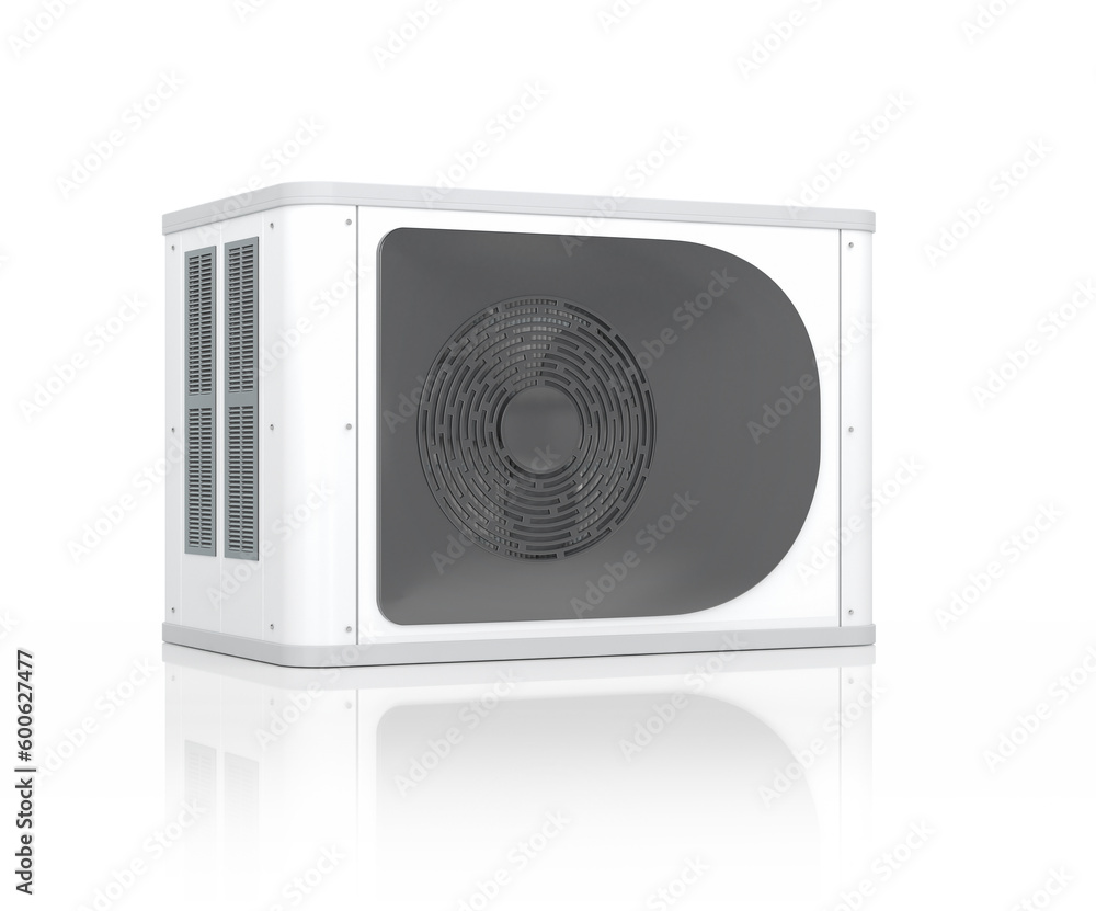 3d Illustation einer Wärmepumpe auf weißem, reflektierendem Hintergrund.
