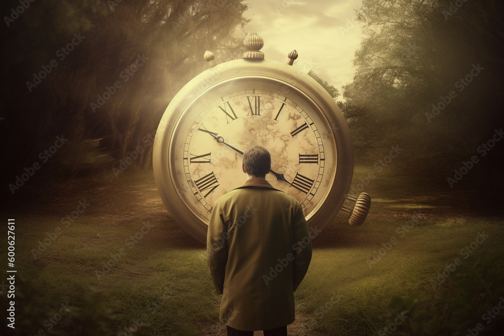 Abstract concept of time passing by. Human silhouette and old clock ...