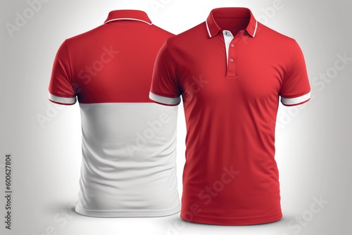 Red and white polo shirt template, front and back view, 3d rendering photo