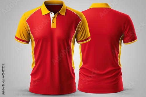 Red and yellow polo shirt template, front and back view, 3d rendering