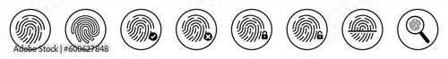 Fingerprint icon collection. Fingerprint lock and unlock, magnifying, scanning, Fingerprint identification icon for apps and websites. Vector illustration.