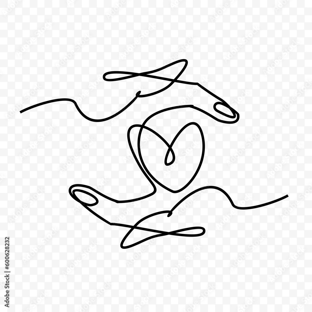 a heart touched by the palm of the hand, One continuous single line hand drawing a heart touched by the palm of the hand, One continuous single line hand drawing