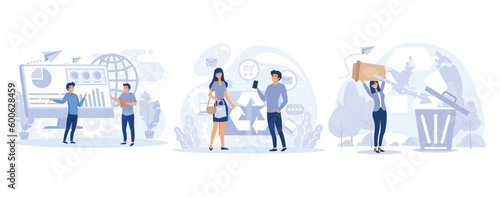 Ecology study and monitoring, Environment data analytics, low impact packaging, zero waste technology, set flat vector modern illustration