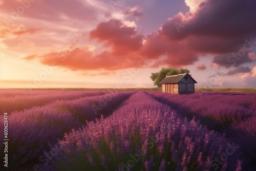 Lavender field and hut during beautiful late sunset. Generative AI