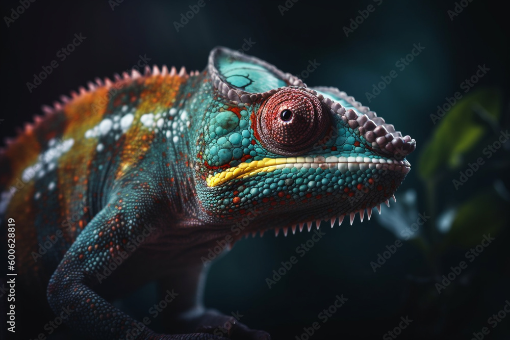 Animal and nature concept. Colorful and beautiful chameleon close-up portrait. Generative AI Animal and nature concept. Colorful and beautiful chameleon close-up portrait. Generative AI