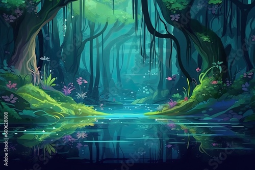 serene forest landscape with a tranquil pond. Generative AI