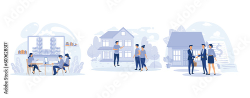 Real estate broker, Couple meeting broker in office, visiting real estate firm, realtor showing a house to customers, set flat vector modern illustration