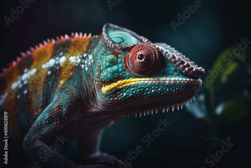 Animal and nature concept. Colorful and beautiful chameleon close-up portrait. Generative AI