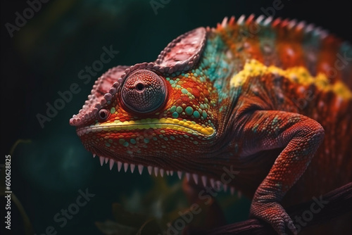 Animal and nature concept. Colorful and beautiful chameleon close-up portrait. Generative AI