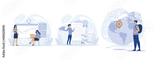 Internal and vocational education, educational tourism concept, Business coach, student group, education abroad. set flat vector modern illustration 
