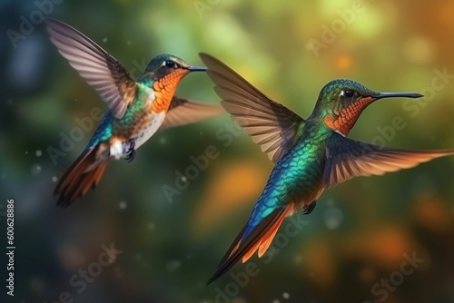 Animal, wildlife and nature concept. Colorful and beautiful close-up view of two flying hummingbirds. Generative AI © Rytis