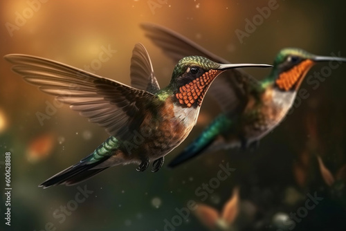 Animal, wildlife and nature concept. Colorful and beautiful close-up view of two flying hummingbirds. Generative AI