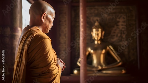 A monk standing praying in front of a golden Buddha, Generative AI