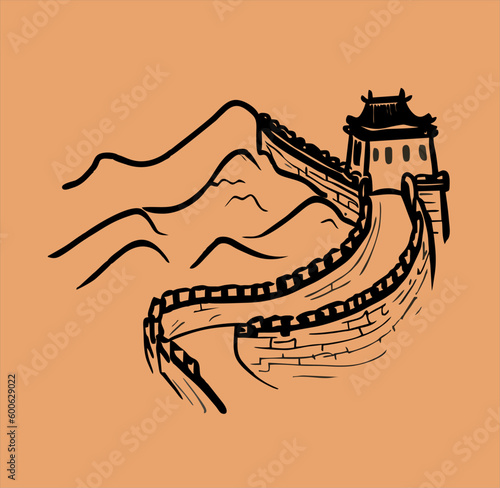 great wall of china doodle hand drawn, linear style