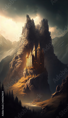 Battle Torn Castle in The Mountains Surrounded By a Golden Forest AI Generative