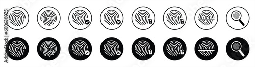 Fingerprint icon collection. Fingerprint lock and unlock, magnifying, scanning, Fingerprint identification icon for apps and websites. Vector illustration. 