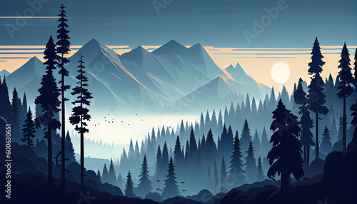 Picture of Mist Pine Trees and Mountains Landscape Background on Canvas Oil Painting AI Generative