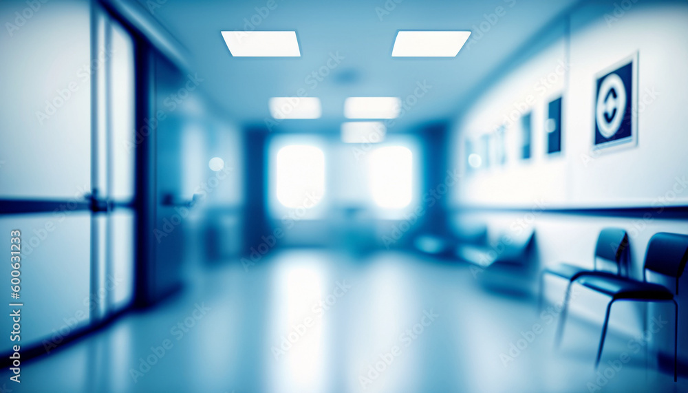 A hallway with a blue wall and a row of windows, Abstract blur hospital and clinic interior for background - Generative Ai