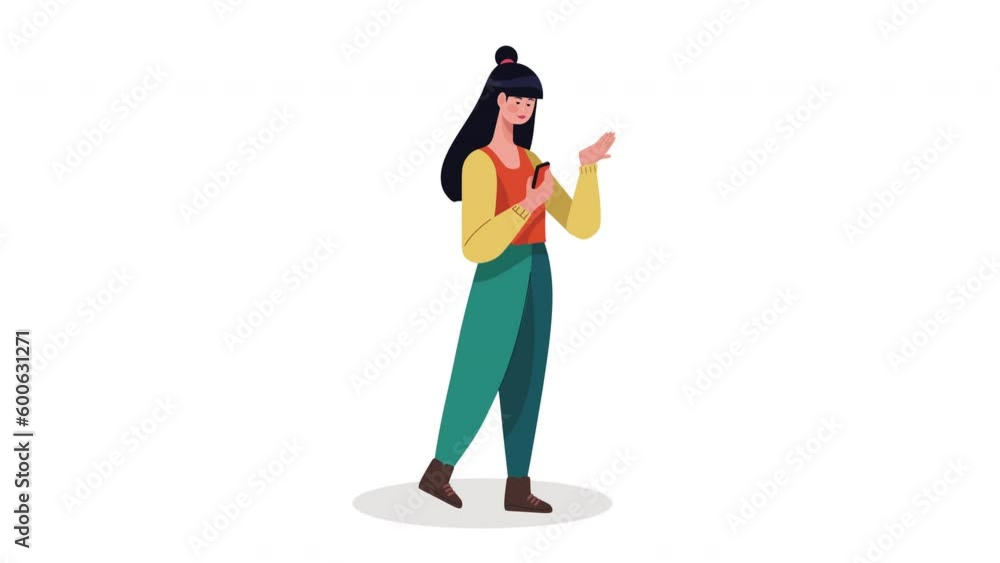 woman using smartphone device animation woman using smartphone device animation