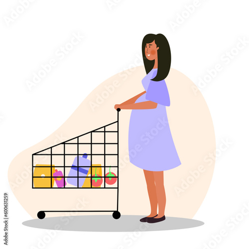 Pregnant women shopping using trolley in supermarket illustration. Beautiful young pregnant girl shopping vegetables at market vector illustration.