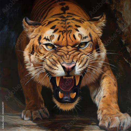 A ferocious and angry looking tiger with mouth open  created using Generative AI.