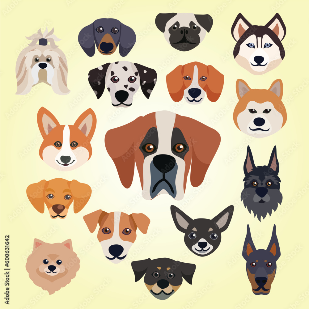 purebred dogs faces icon set