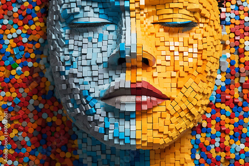 Colorful  abstract women s face made up of tiny 3D blocks with a strong blue to yellow divide in the colors. Eye s closed. Fun  vibrant  3D.