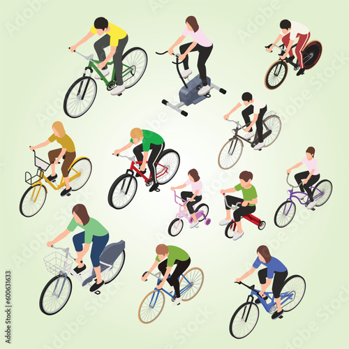 adult people children riding sports road walking bicycles isometric set isolated vector illustration