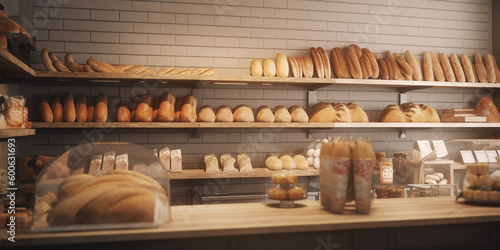 Eco-friendly bakery store with wooden wall, parquet floor, variety of bread, bun, snack on shelf for healthy shopping lifestyle, interior design decoration background with generative AI technology