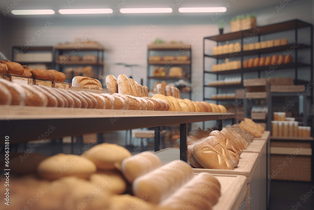 Eco-friendly bakery store with wooden wall, parquet floor, variety of bread, bun, snack on shelf for healthy shopping lifestyle, interior design decoration background with generative AI technology