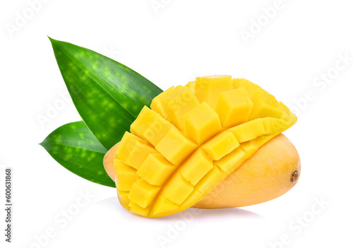ripe mango with green leaf isolated  png file