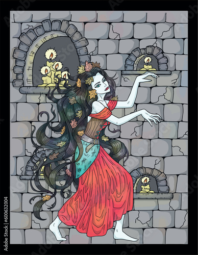 Vintage colorful illustration with beautiful vampire princess against background of old medieval stone wall, romantic scary Halloween background, hand drawn art with esoteric fantasy concept