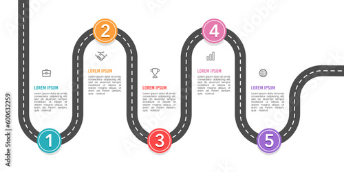 Infographic Milestone timeline roadmap 5 points to success. Vector illustration.