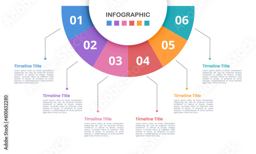 Semicircle infographic template 6 steps or options. Vector illustration.
