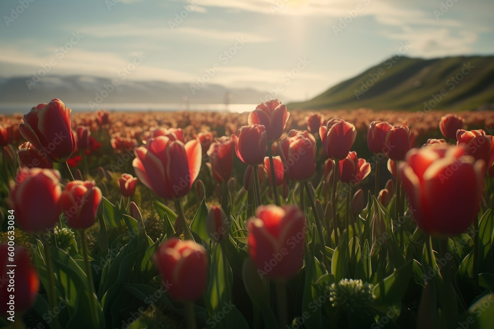 Wide view of a field of tulip flowers, with vibrant colors and blooming beauty stretching as far as the eye can see. A stunning natural wonder. Generative AI.