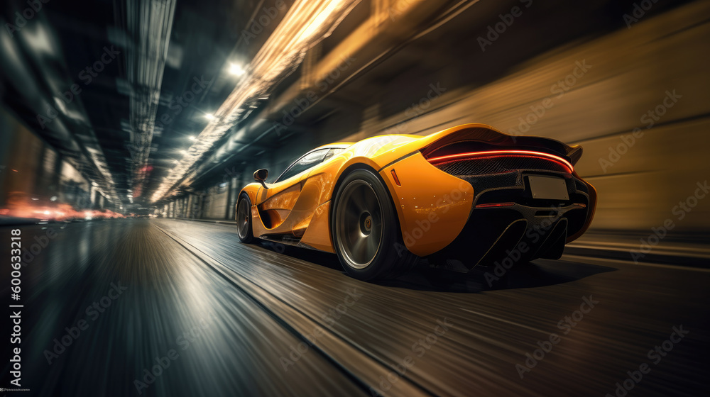 Yellow hypercar moves at high speed in a tunnel Generative AI