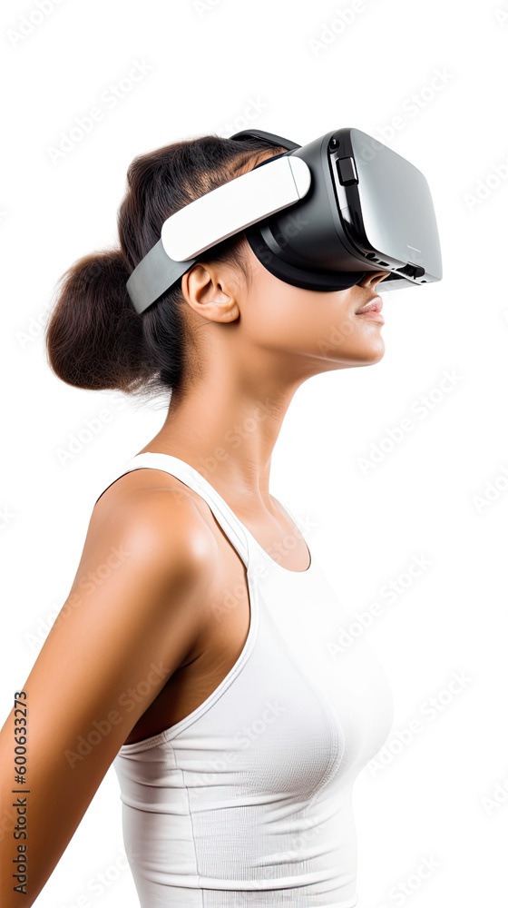 Naklejka premium young woman using virtual reality headset isolated on a transparent background, generative ai