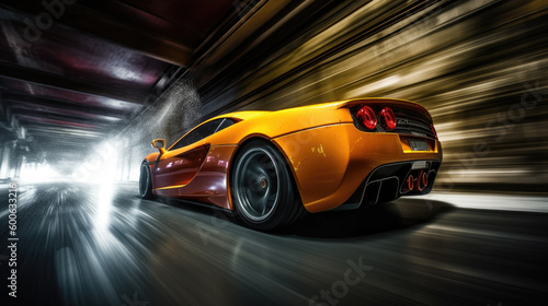Yellow hypercar moves at high speed in a tunnel Generative AI © PaulShlykov