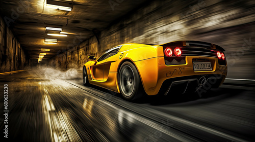 Yellow hypercar moves at high speed in a tunnel Generative AI photo