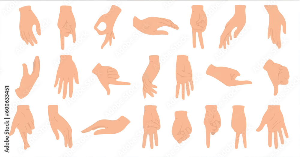 Hand Vector. Top Collection. Trend Hands poses. Cartoon human palms and wrist vector set. Hand gestures, fingers crossed, fist, peace and thumb up. 2D White Hand. Hands series. Female Hand. Male Hands