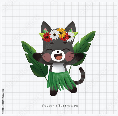 Summer vacation theme. Cute kawaii black cat dancing hawaiian hula in green grass skirt and flower wreath. cartoon vector illustration
