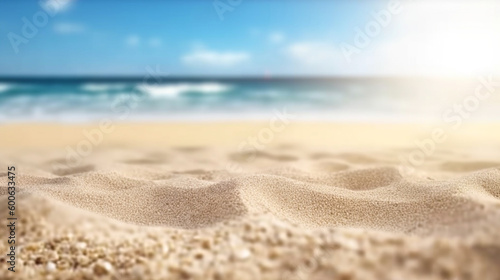 Empty sand on beach side space and summer sea side sunny day on background. Product display montage. template web site design. Generative Ai photo