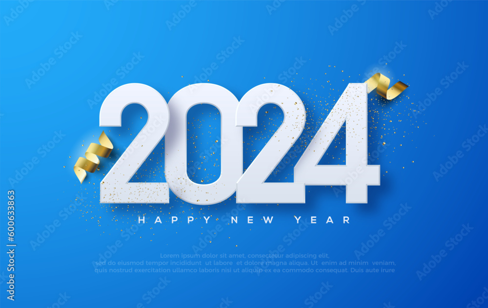 New Year Even 2024. With the design of white numbers and gold ribbons ...