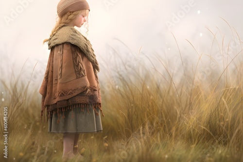 Girl through wheat field, dreamy landscape, light brown Childhood, Generative AI