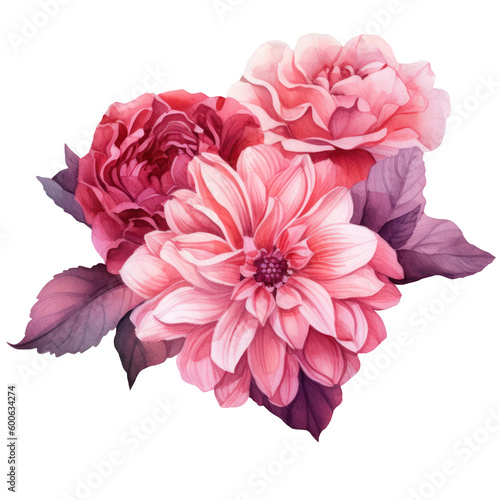 Illustration Bouquet of pink flowers, watercolor pink floral, rose, peony, dahlia, Isolated on transparent background. Generative AI