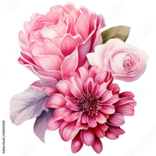 Illustration Bouquet of pink flowers, watercolor pink floral, rose, peony, dahlia, Isolated on transparent background. Generative AI