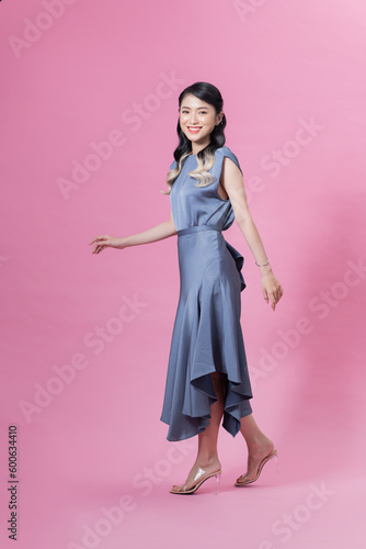  Fashion vogue style portrait of young happy smiling woman  copy space.